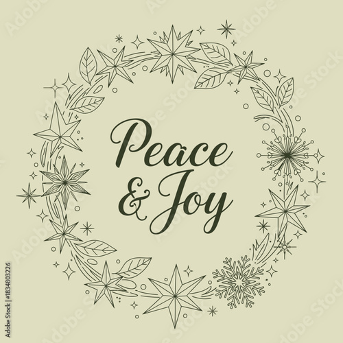 Peace and Joy Elegant Holiday Greeting with Christmas Star Wreath Line Art
