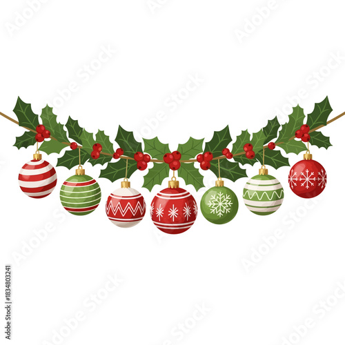 Christmas Holly and Berry Garland Swag with Red and Green Ornaments (Vector Illustration)