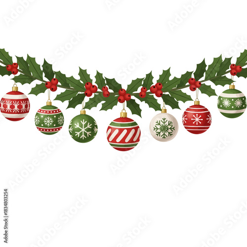 Festive Christmas Holly Garland Border with Hanging Red and Green Ornaments