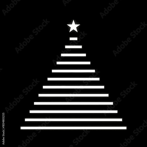 Minimalist Neon Line Christmas Tree with Star on Black Background