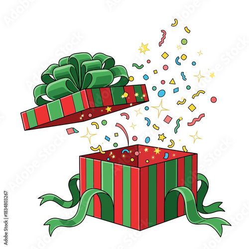Festive Open Gift Box Bursting with Confetti and Sparkles (Red and Green Christmas Present Illustration)
