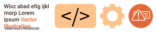 Web development, coding practices, system security, troubleshooting, engineering processes, debugging. Coding symbol with a warning sign and gear icon. Web development and system security concepts
