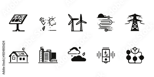 Collection of hand drawn icons representing renewable energy sources and sustainable living concepts