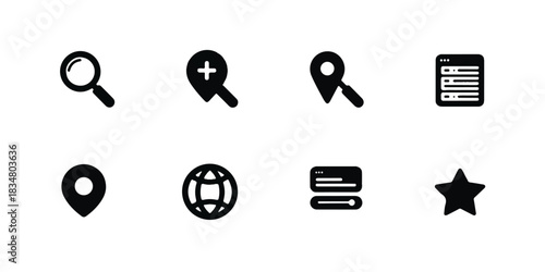 Set of eight simple black and white icons representing common digital interface elements and navigation tools
