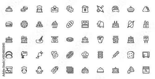 Bakery icon set. Vector illustration. Includes symbos for bread, cake, pastry,oven, mixer, cupcake, donu, biscuit and more. Editabe stroke.