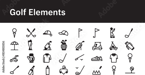 Clean, minimalist outline vector icon set featuring essential golf elements, equipment, and activities, ideal for sports design projects and digital applications
