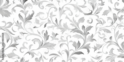 Elegant gray and white watercolor floral damask pattern seamless background texture