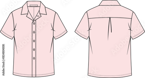 Vector technical fashion flat sketch of men's short-sleeve resort wear shirt featuring camp collar, button front closure, and center back pleat