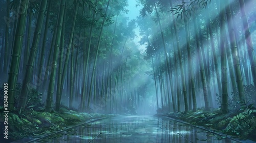 Lush Green Bamboo Forest Grove Anime Nature Landscape with Sunbeams and Wet Path Reflection Wallpaper Background