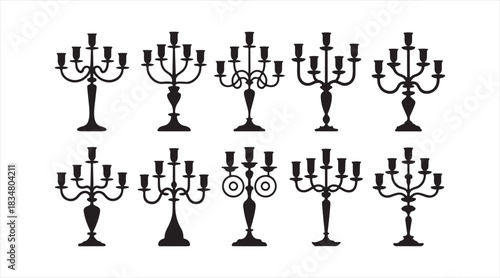 Set of ornate candelabra icons showcasing vintage candle holders with multiple arms for decorative and antique-themed design