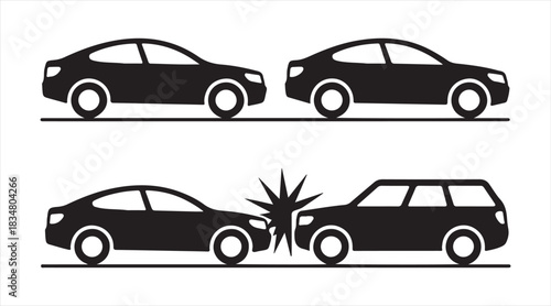Automotive accident silhouette set with rear-end crash illustrations for educational, insurance, and safety projects
