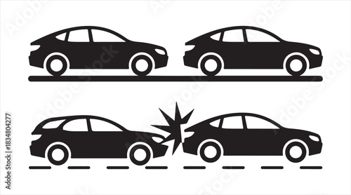 Car crash icon collection showing impact moments and vehicle positions for warning signs, road safety, and transport design