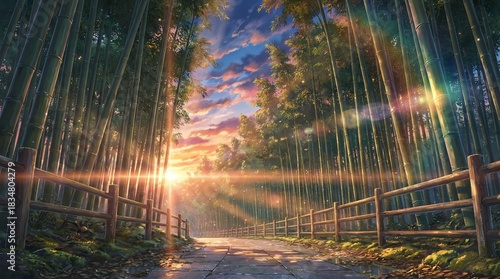 Vibrant Colorful Anime Japanese Bamboo Forest and Grove Path with Sunset and Wooden Fence - Magical Fantasy Scenery Wallpaper Background