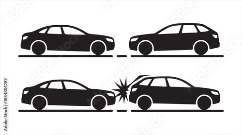 Set of vehicle collision silhouettes depicting rear-end accidents for traffic safety, insurance, and automotive graphics