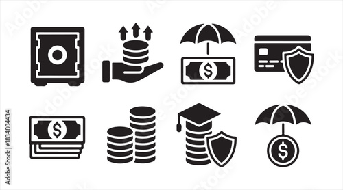 Business and financial icon set with money stacks, shields, umbrellas, safes, and payment symbols for corporate design