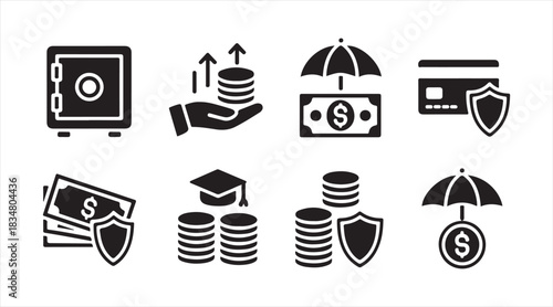 Silhouette collection of banking and finance elements showcasing secure storage, cash, growth, and protection concepts
