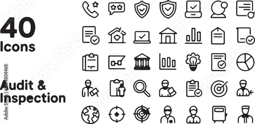 A clean vector graphic design featuring a business icon set for audit,inspection,and regulatory compliance
