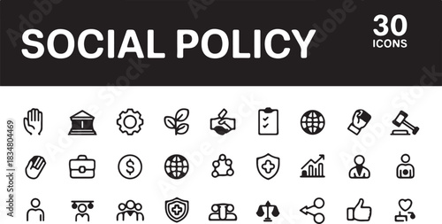 Modern minimalist vector line icon set of 30 glyphs covering social policy, community, and justice. Clean graphic symbols for societal initiatives and public welfare