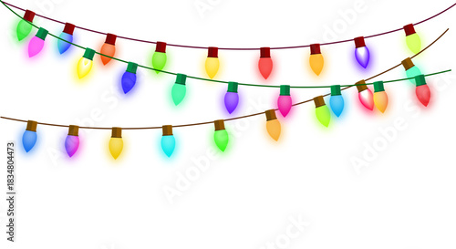 Festive Christmas String Lights Border on White Background – Vibrant Holiday Decoration Garland