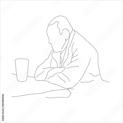 man daydreaming while drinking. line art. drunk man sits lovingly clutching a bottle of alcohol.