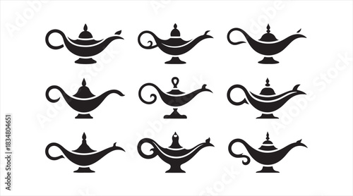 Arabian-style genie lamp symbol set with assorted artistic silhouettes for creative illustration and decorative projects