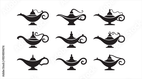 Silhouette collection of classic magic lamps with curved handles and elegant spouts for storytelling and themed graphics