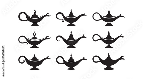 Set of decorative genie lamp icons showcasing various ornate shapes for fantasy, folklore, and magical design work