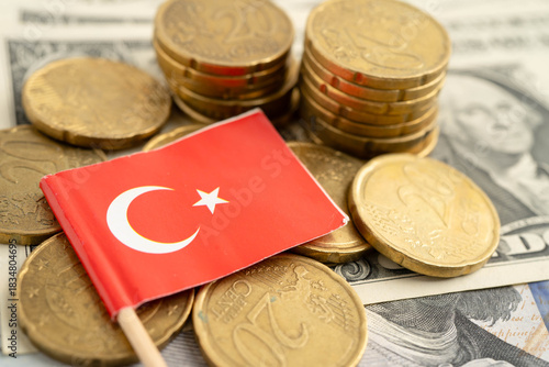 Fototapeta Naklejka Na Ścianę i Meble -  Turkey flag on coin and banknote money, finance trading investment business currency.