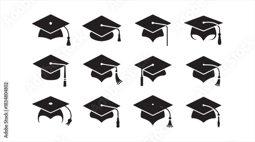 Graduation hat symbol set with multiple tassel variations for academic graphics, educational branding, and event artwork