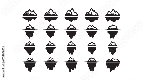 Minimal floating island and iceberg shapes featuring snowy peaks for fantasy, nature, and illustration use