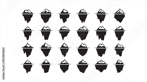 Stylized iceberg and mountain silhouette collection showcasing floating terrain concepts and artistic landscape elements