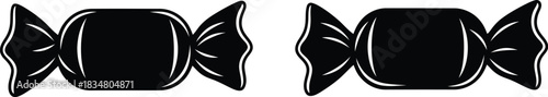 Two black and white illustrations of wrapped candies with twisted ends