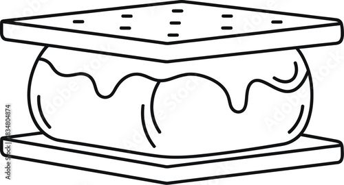 A simple line drawing depicts a classic s more with melted marshmallow