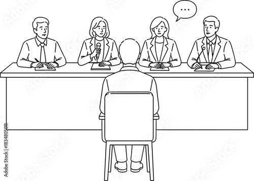 A black and white line drawing depicting a job interview. Four interviewers sit behind a long table, facing a single candidate seated in a chair. The interviewers appear to be taking notes