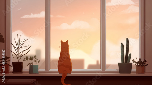 Lofi cartoon cat at window watching calm and peaceful sunset cityscape. Cozy indoor scene with contemplative, thoughtful animal