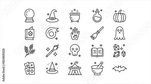 Mystic line-art icon collection with fantasy elements such as skulls, crystals, potions, fire, and magical tools