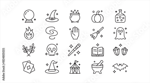 Set of magical and witchcraft line icons including cauldron, hat, ghost, potion, pumpkin, wand, and spell symbols for creative design