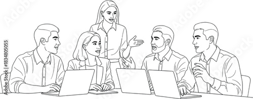 A black and white line drawing depicts a group of five people sitting around a table, seemingly engaged in a meeting or discussion. One person stands behind the table, gesturing as if speaking, while 