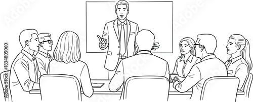 A black and white line drawing depicts a group of people sitting in chairs, facing a presenter who stands in front of a whiteboard. The presenter is gesturing, suggesting they are in the middle man