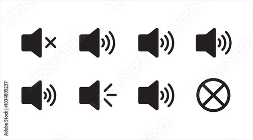 Minimal speaker icon collection showing different audio states for digital platforms, UI elements, and apps