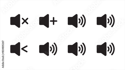 Collection of audio control icons featuring mute, increase, decrease, and volume levels for UI and app design
