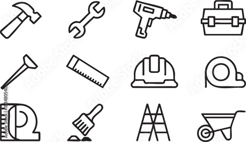 A Collection of Doodle Icons Representing Tools and Construction Supplies for DIY Projects and Home Improvement
