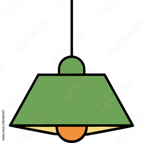 Green geometric pendant light fixture with a warm orange glow from the bulb hanging from a dark ceiling providing ambient lighting in a minimalist setting