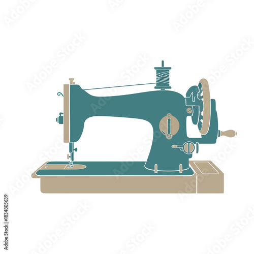 Illustration of a vintage sewing machine in teal and beige.