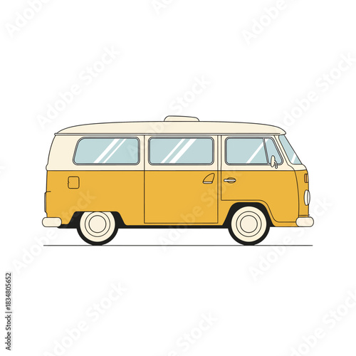 A vintage yellow and white Volkswagen Type 2 camper van, a classic vehicle for travel and leisure.