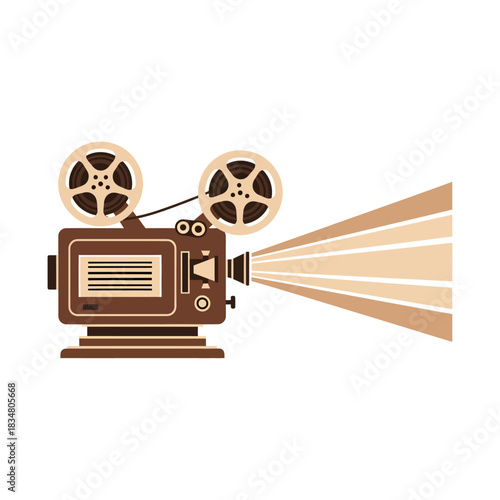 Illustration of a vintage film projector with reels and a beam of light.