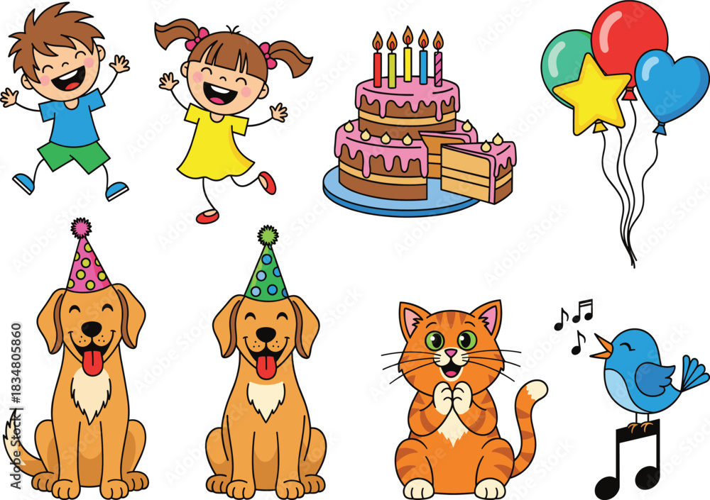 Obraz premium Cartoon Birthday Party Set with Kids, Cake, Balloons, Dogs, Cat, and Singing Bird