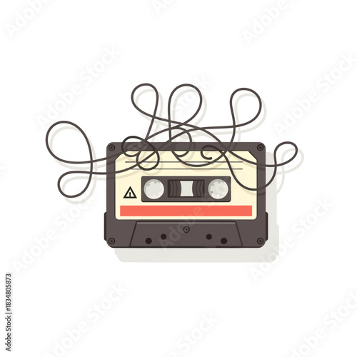 A vintage cassette tape with its magnetic tape tangled and spilling out, creating an abstract pattern against a white background.