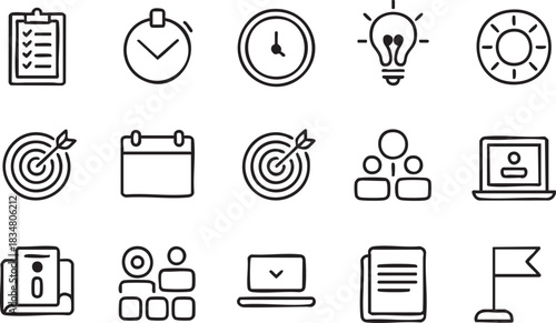 Creative collection of unique hand-drawn business and productivity icons, depicting concepts like time management, goal achievement, planning, and digital teamwork for diverse projects