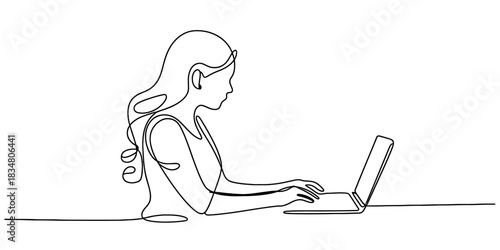 Continuous single line drawing of a woman working on a laptop, illustrating remote work, modern education, or technology use. Vector, illustration